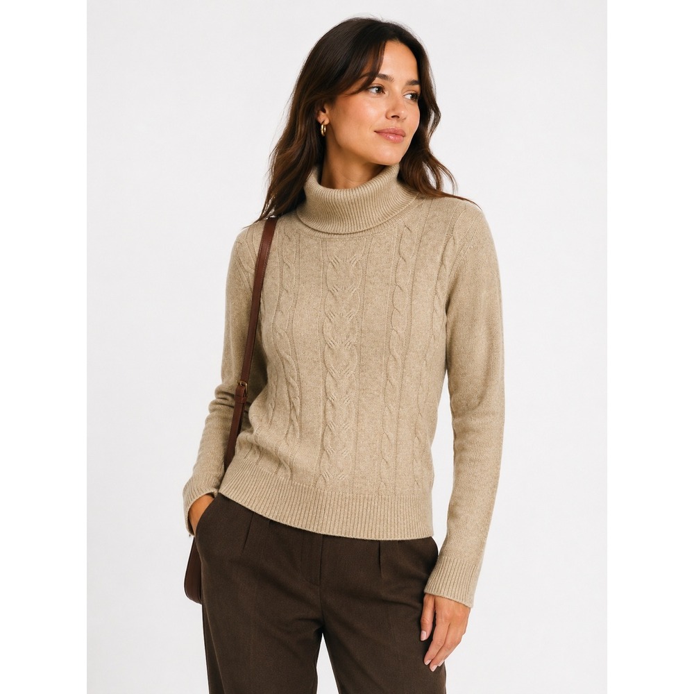 Cable Knit Turtleneck Sweater Womens S Beige Fitted Preppy‎ Academia Minimalist